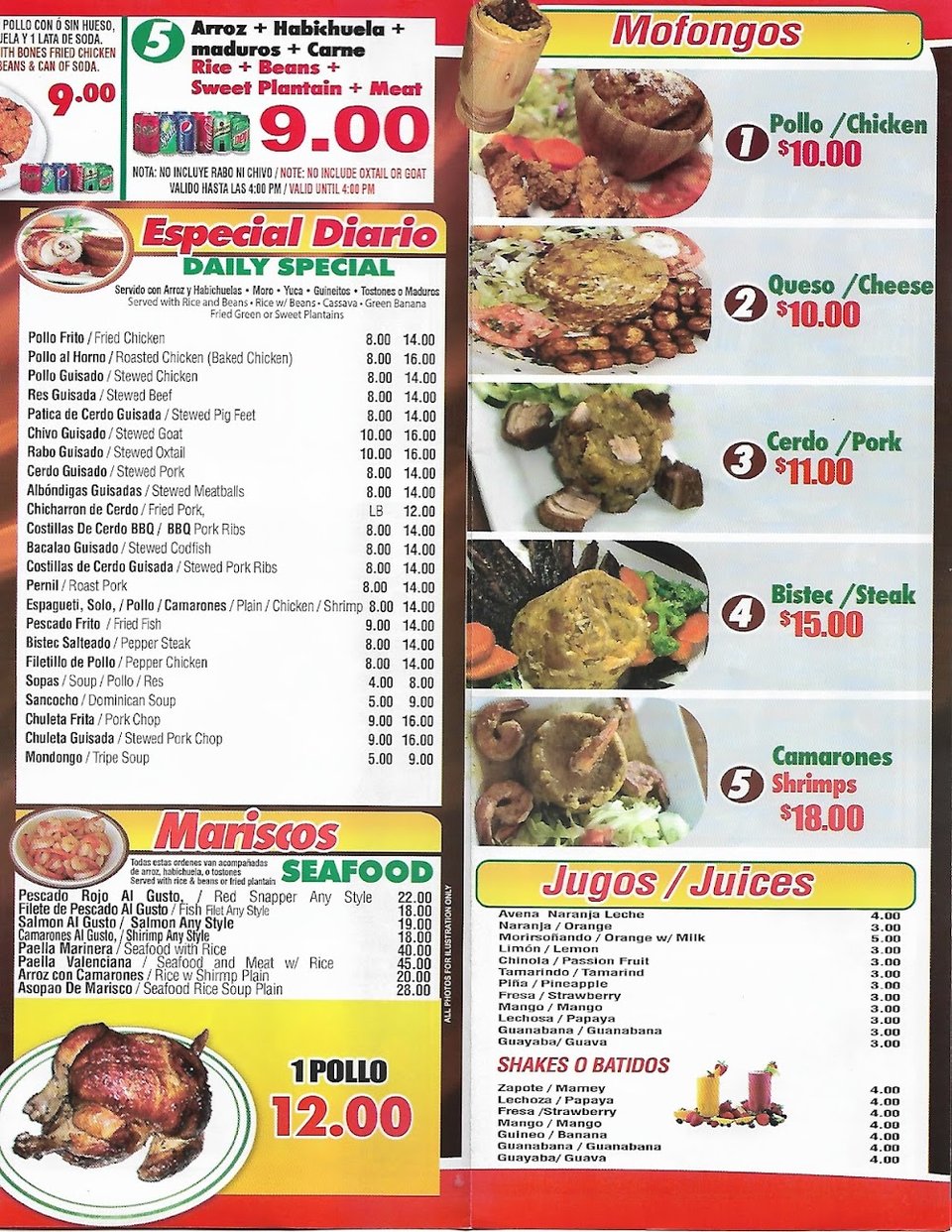 Close view of a menu with bilingual dish names.