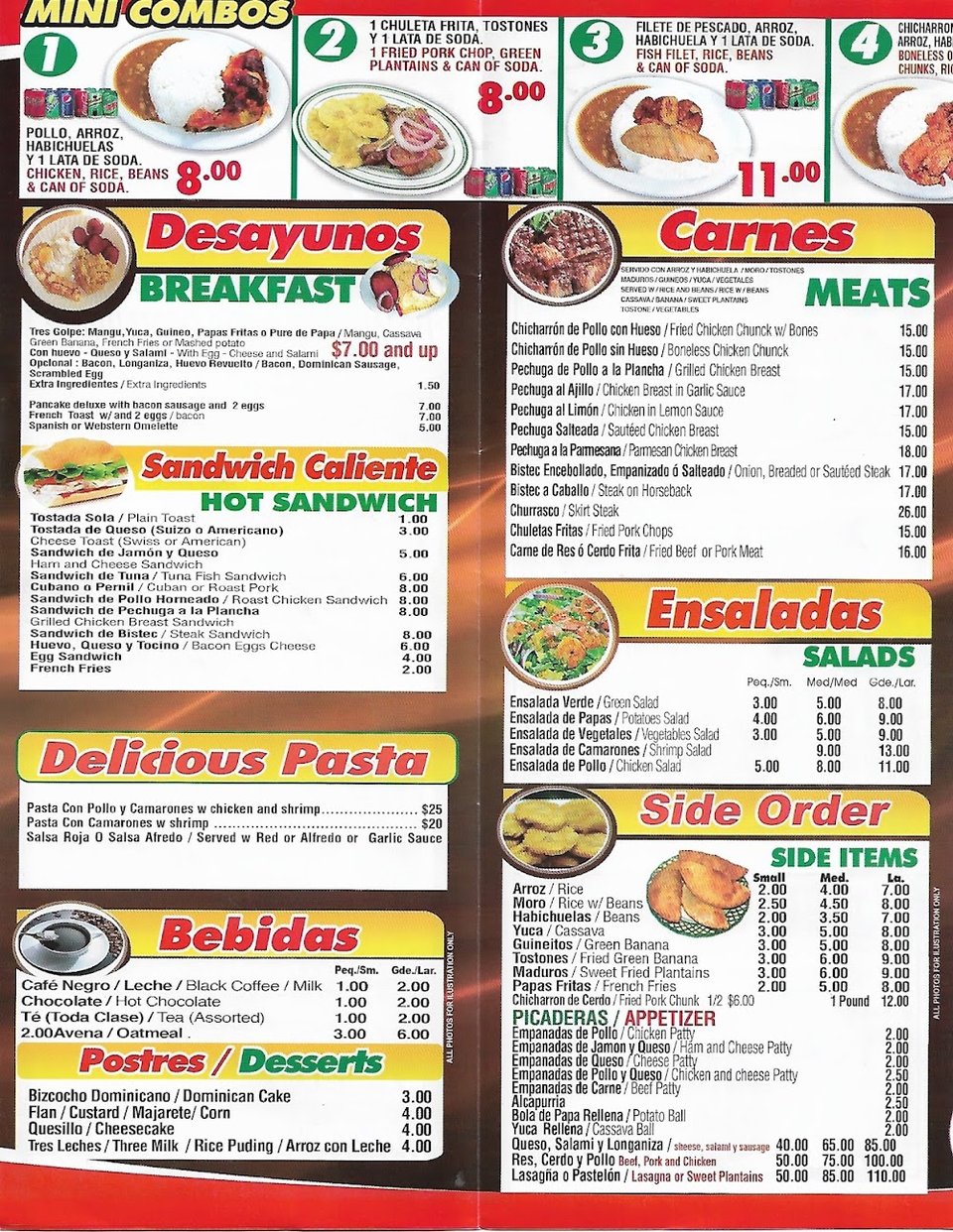 Printed menu with breakfast and meat sections.