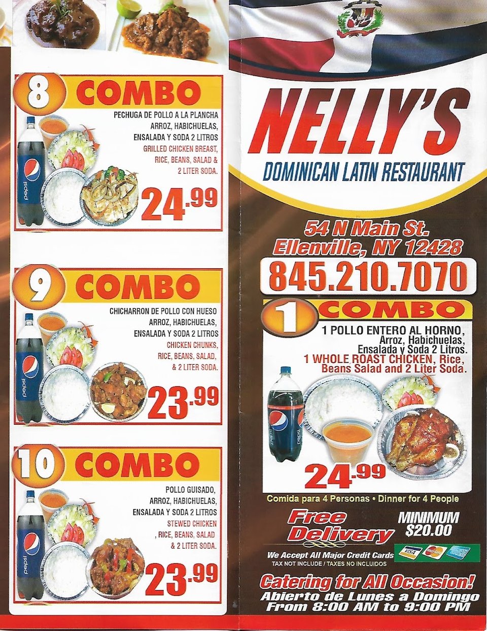 Menu page listing empanadas and Dominican bites.
